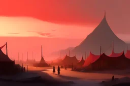 painting, landscape, artistic, illustration, artstation, black desert, black sand, bleak, pale red sky, large bustling camp, tall iron tower standing in the middle, tigtly packed leather tents, vereshagin style