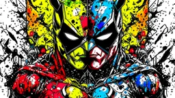 Poster in two gradations, split in half, one side "deadpool", other side "batman", midline of the face, painting by Yoji Shinkawa, tones and colours randoms, , detailed iridescent, metallic, translucent, dramatic lighting, hyper futuristic, digital art,