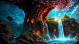 waterfall full of holes with various jungle flowing spiral cloud neon colorful Unique open cliff burning rippled surrealistic artwork with shiny shackled by cliff and sea island, while holding a waterfall doing pulling, the open cavity inside the body is a scene of an ancient Egyptian painting in the Gesang desert 5D diorama, with seven open panels revealing a forest with a thousand shadows, giving a triple exposure effect on a Balinese girl and her telepathy waves with magic breast milk