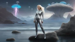 full body shot of a middle-aged, blond-haired woman in an silver cat-suit, standing on a rock, on the shores of an alien world, with mushrooms with jellyfish tentacles floating in the air
