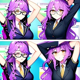 Clear focus, 8k, high quality, detailed, beautiful lighting, girl, vibrant colors, purple long hair, vibrant golden eyes, office clothes, glasses, messy hair, sitting, stretching, arms above head,