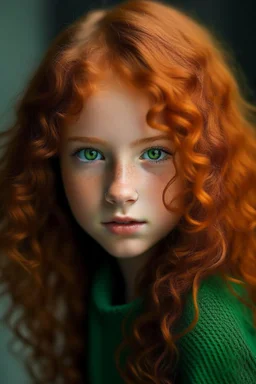 GIrl mixed long curly reddish Orenge hair dark green eyes