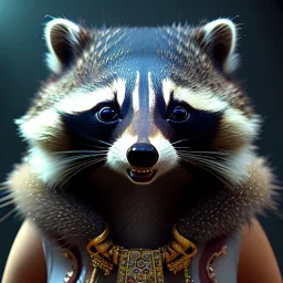 portrait of a female anthropomorphic raccoon with tribal and metallic jewelry. character design by cory loftis, fenghua zhong, ryohei hase, ismail inceoglu and ruan jia. unreal engine 5, artistic lighting, highly detailed, photorealistic, fantasy