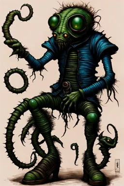 Artist Jean-Baptiste Monge style. A old biomorph male humanoid with Centipede face. Bright eyes. A green and blue striped outfit. Modifiers: Tim Burton Craig Rutkowski Modifiers:neon glowing Iridescent black ink