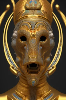 black male African Egyptian alien, cracks in the voodoo head, wicked, eyes, crown, Elephant, 8k, finely detailed, photo realistic, tiger turquoise skull head gold dragon space alien snow skeleton gold gorilla silver crown silver eyes