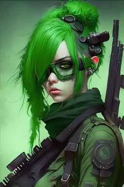 Female, Green Hair, googles, rifle, goth