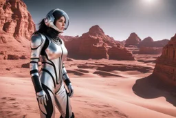 photo of a Sci-fi woman, wearing a silver and black spacesuit looking like an android with no helmet, on an alien planet