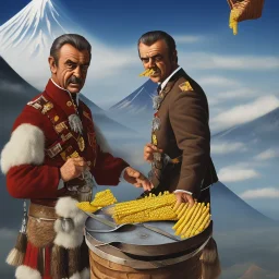 Sean Connery in a kilt eating a corn cob in front of Mt. Fuji