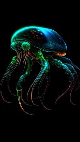 a fantastic and wonderful multicolor Bioluminescent aquatic alien like creature from the abyss on a plain black background
