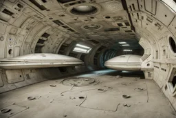 Alien symbols and silent corridors evoke space horror in this abandoned spaceship interior