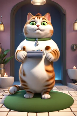 A fat palace cat getting a message in a spa, 3d animation ,funny