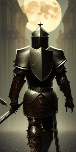 black armor crusader swordman walking with his sword , back view , full moon , city , 8k , high resolution , realistic , night