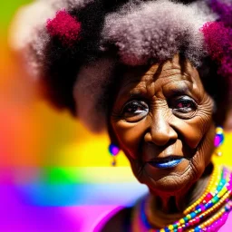 masterpiece, best quality, old woman, dark skinned, sparkling eyes, fluorescent skin, colorful makeup, afro, head shot, highly detailed body, sun light, 4K, RAW, depth of field, high contrast, realistic details, 24mm