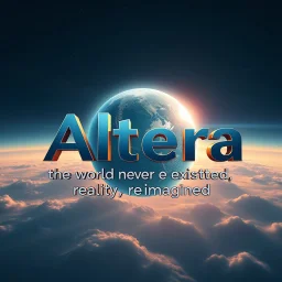 Can you create a nice cool logo for my account "Altera", with this texts in down "the world never existed" ,"reality ,reimagined",add 3d background, future world ,3d text