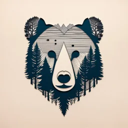 M shaped bear head combined with woods silhouette in backround, letterpress style, minimalistic pencil art