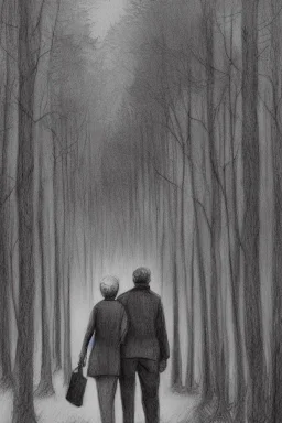 Forest, old couple walking, model style, hyper realistic, accurate, delicate, extremely detailed, Graphic novel style, wide-angle, front view, open aperture, superfine pencil