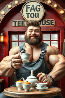 BOY mechanic man with SUPER MASSIVE huge muscles ON MUSCLES and his top off enjoying high tea by himshelf with little cakes, large SIGN THAT HAS A title( - FAG - BOI - TEA HOUSE) BOYISH CUTE FLUFFY, HD, 4K