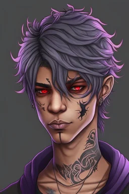 Light brown skin, red eyes, straight short purple-grey hair, snake tattoo on neck, black clothes, round face, teenager