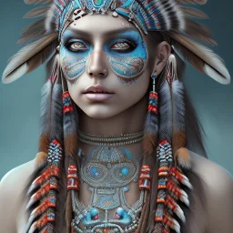 war painted pueblo Indian female, dark, disturbed expression.intricate detailethnically accurate face, intricate head dress, detailed make-up, detailed turquoise jewelry, detailed hair, detailed feathers, use dynamic palette, accurate proportions, high contrast.