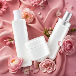 a bottle for cosmetics and a cream jar lies on a beautiful floral background top view, in the background there are beautiful spring flowers and a drop of cream, high-quality picture, top view