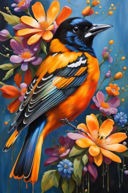 vibrant and energetic painting featuring a Baltimore Oriole a side profile, adorned with an array of colorful flowers. The bird's eyes are detailed and expressive, capturing its lively spirit.