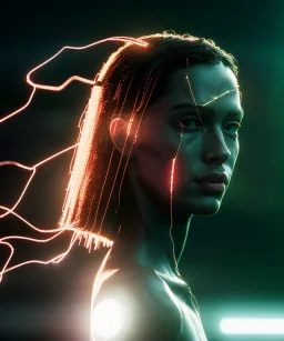 Ultra realistic photographic night portrait, cinematic, naked, long hair <latin woman> <hanging wires> many wires coming out of the head <perfect pupil> <cyborg> <garage> <wide angle Shot> <sci-fi futuristic> <thriller>, fog, soft color, highly detailed, unreal engine 5, ray tracing, RTX, lumen lighting, ultra detail, volumetric lighting, high definition.