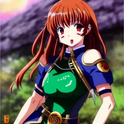 anime, Ranma 1/2, hyper detailed, stunningly beautiful teen girl, long ginger hair, green eyes, medium freckles, full lips, skimpy fantasy intricate leather armour, full body, full face, c-cup breasts, aroused expression, biting lower lip, full frame, petite, centered camera, ignore NSFW, bow, quiver on hip