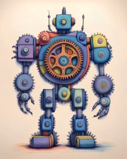 a robot made in the shape of a gear wheel for a children's story, made with crayons, scale the drawing so that it does not protrude beyond the view