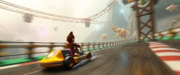 nico belic in donkey kong bowling stage racing, motion blur, weird creatures, mini racing kart, fences and hills, pits and pendulums, and cranes and squids, fog, smoke, oil slick, spies, gta 4 world
