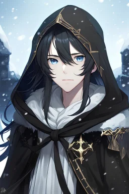 warlock woman with dark blue eyes and long dark hair with medieval black hood and snowy background and determination