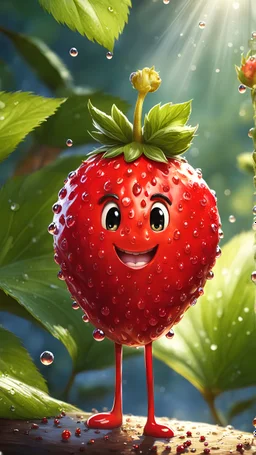 ((masterpiece:1.3,concept art,best quality)),very cute appealing anthropomorphic strawberry,looking at the viewer,big grin,happy,fruit,berry,droplets,macro,sunlight,fantasy art,dynamic composition,dramatic lighting,epic realistic,award winning illustration