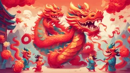 fantasy cartoon style illustration: chinese new year celebration dragon dance