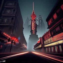 Retrofuturistic,Neogothic architecture, imperial city, uphill Road,detailed facades, , 8K resolution, #film, diffuse light,German noir,matte painting,chaos city,traffic,BioShock