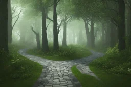 wooded forest cobblestone path lantern