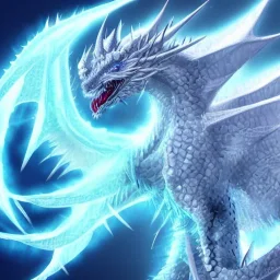 ice dragon with white mask, lots of spikes on its neck, spikes on its back, a few spikes on its tail, and a lightning ball beside it