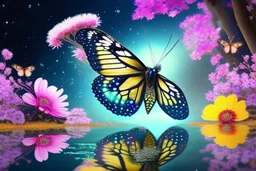 tree, water reflection, butterfly, flowers, galaxy, cosmos, science fiction, epic scene.