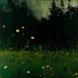 A dark green meadow with viny flowers painted by Clyfford Still