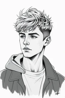 detailed manual graphic art style, youth man portrait, teenager, high detailed face, solitary vibe, modern clothes, short messy hair , atmospheric, detailed linework, highly detailed drawing, modern vibe, artwork, grayscale, no photorealism