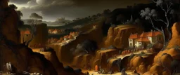 A dark orange underground mine with a village painted by Giovanni Battista Sassi