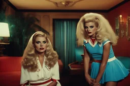 [vintage style noisy scratches glitches, Shot the texture and then rewound the film and double exposed from a colorful 1970s Italian movie] As the hot blonde cheerleader and the xenomorph mummy faced each other in the eerie hotel room, a palpable tension filled the air. The cheerleader, her youthful exuberance contrasting with the mummy's ancient horror, stood poised for a confrontation unlike any other. The xenomorph mummy, a fusion of unearthly terror and decaying majesty, regarded the cheerle