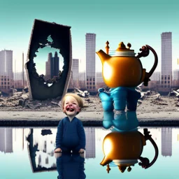 A teapot is shining and a laughing child is looking at it. The child’s image is reflected inside the teapot and behind the child is the reflection of a destroyed city.