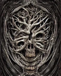 A beautiful highly detailed ancient tree with ornate intricate demon skulls grown into it, sticking out in random places, some screaming, some with glowing eyes, horrorcore made of shiny obsidian glass :: reflective, glassy :: subtractive lighting, backlit :: by John William Waterhouse, Greg Rutkowski, HR Giger :: hyperrealistic, hyper detailed, photorealistic :: epic, incredible composition, amazing depth, meticulously composed, 16k resolution concept art :: fantasy magazine cover art