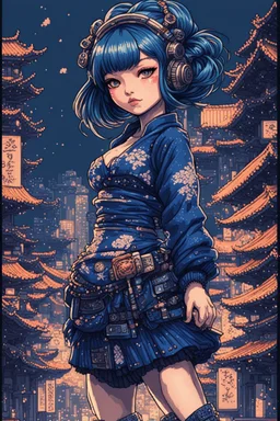 8bits, Pixel Art, beautiful cyberpunk petit girl, hyperdetailed, illustration by Katsushika Hokusai, darkblue tones,