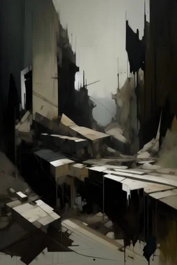 A dark abstract minimalist painting of Lebbeus Woods brutalist concrete twisted bodies. Breaking apart. In a desolate landscape at. In the style of by Ashley Wood and Justin Mortimer. Large oil brushstrokes