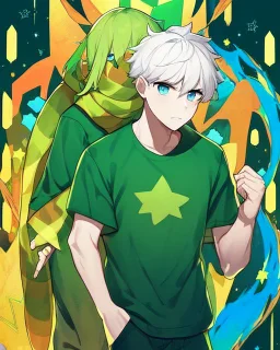 Young boy aged 14, determined, has short white hair, wears a green t-shirt with yellow stripes, wears a scarf with the colors of the rainbow, He is sad but looks ahead with a determined look, has light blue eyes, stars behind the character, and a colorful aura.