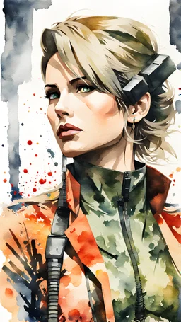Masterpiece painting of Mercury Lady from Metal Gear Solid 3: Snake Eater, watercolor style, ultra detailed character, simple background, Professional Quality watercolor painting, full body shot, vibrant colors.