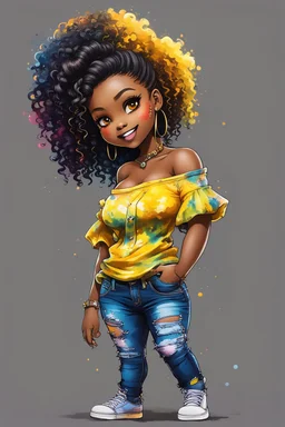 create a colorful abstract graffiti art image 8k of a chibi curvy black female wearing torn jeans pants and a yellow tie dye off the shoulder blouse. Prominent make up with hazel eyes. Highly detailed long tight curly PONYTAIL