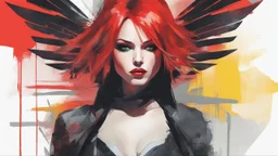 aesthetic, painterly style, modern ink, Xayah hot, red hair, neon , wings, sensual, sultry, dark blouse, expressive pose, urbanpunk, abstract texture multilayer background, neo-expressionist , Russ Mills, Ian Miller