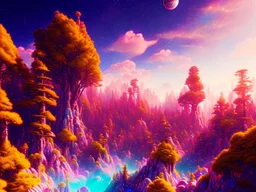 gold and red crystal cosmic and galactic ambiance hill sky rocks sunny trees pools mountain surreal, full of details, smooth, bright sunshine，soft light atmosphere, light effect，vaporwave colorful, concept art, smooth, extremely sharp detail, finely tuned detail, ultra high definition, 8 k, unreal engine 5, ultra sharp focus