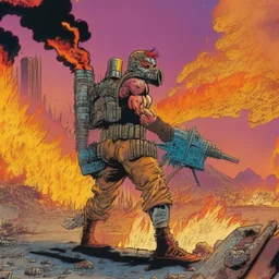 Un guerrero con lanzallamas en un estilo de comic de 1980 en un wasteland metropolis con un volcan de fondo